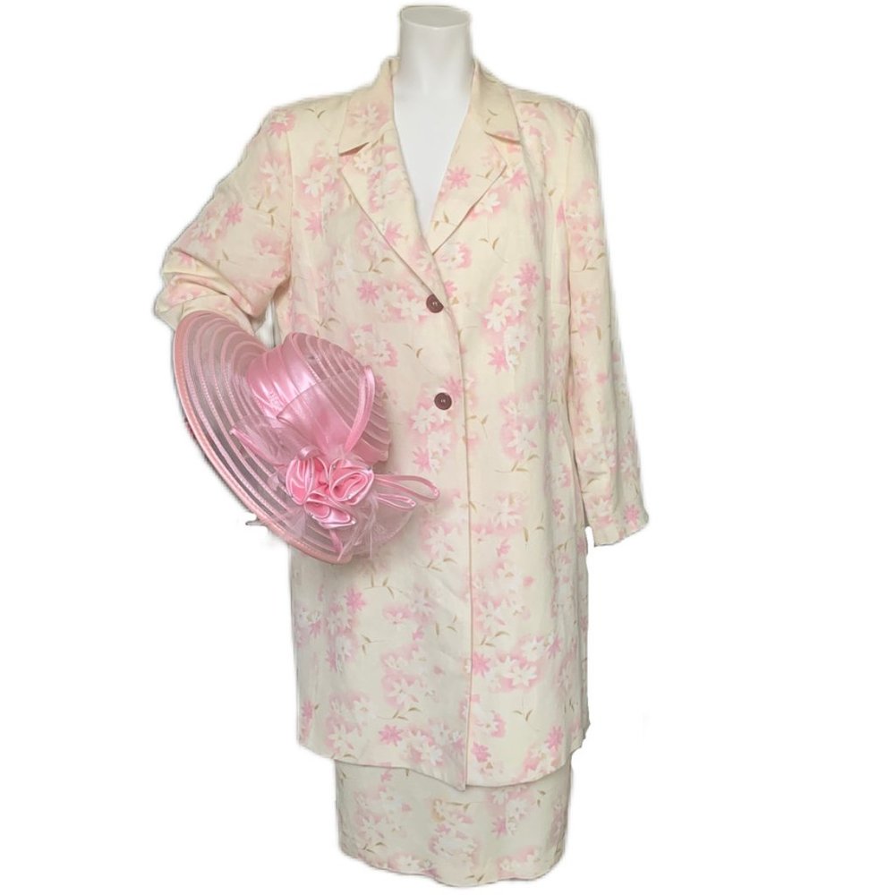 Harve Benard Vintage Ivory Floral Linen Blend Long Jacket and Skirt Suit…